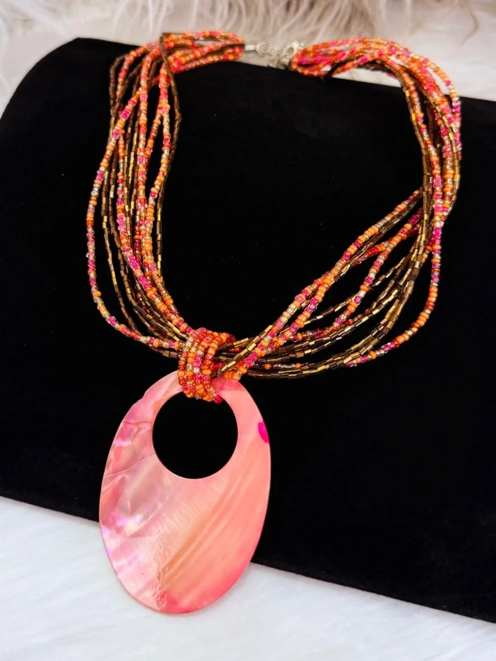 Pretty vintage shell pendant, multi beaded, strand, necklace, costume